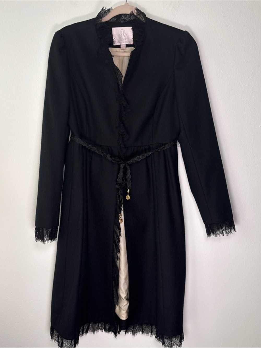 Rebecca Taylor Wool Over Coat Lace Trim Hook Closure Belted Lightweight size 8